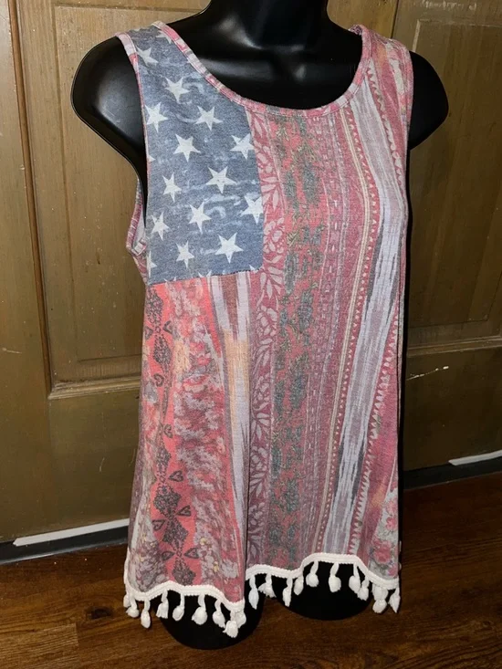 12 Pm By Mon Pink Red Blue Americana Stripe Tassel Sleeveless Tank Top Size S - Picture 2 of 8